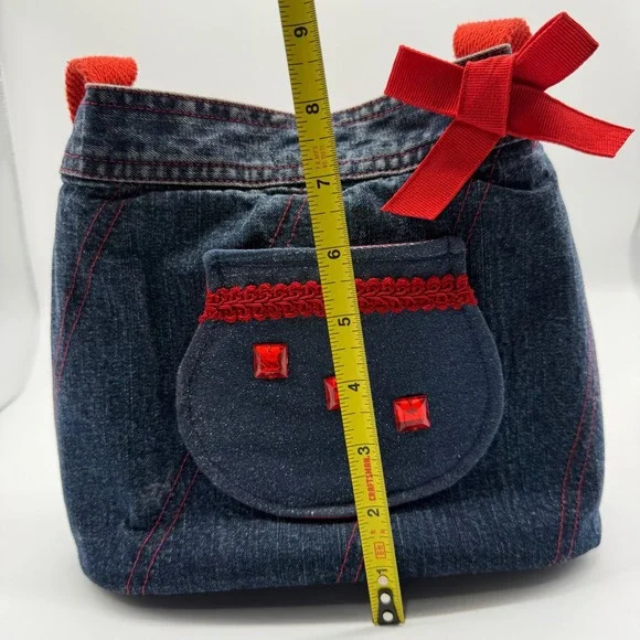 Handmade Denim‎ Jean Purse Red Trim Bow Accent Snap Closure - Picture 12 of 14